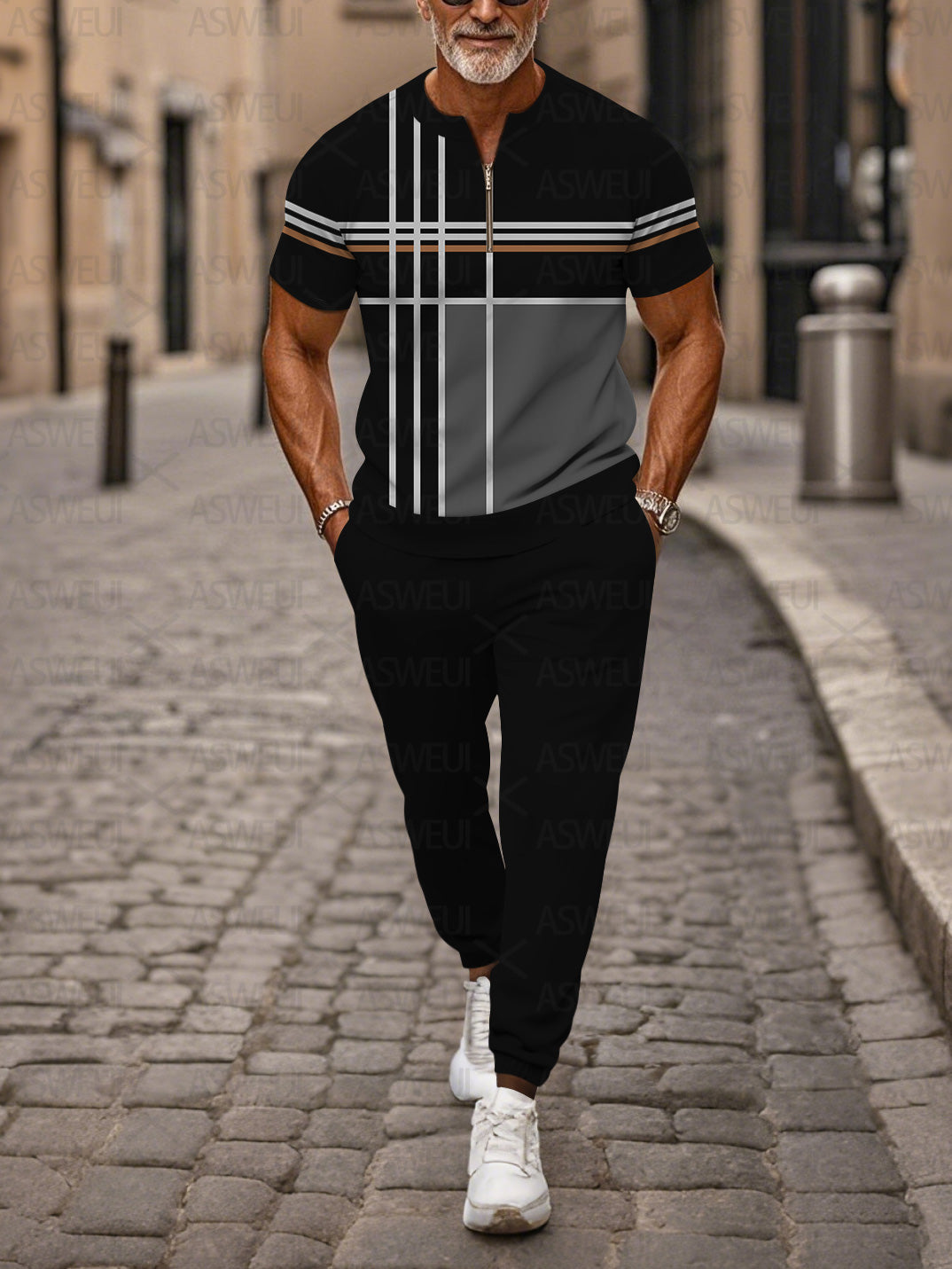 Zipper Short Sleeve Long Pants Two-Piece Set