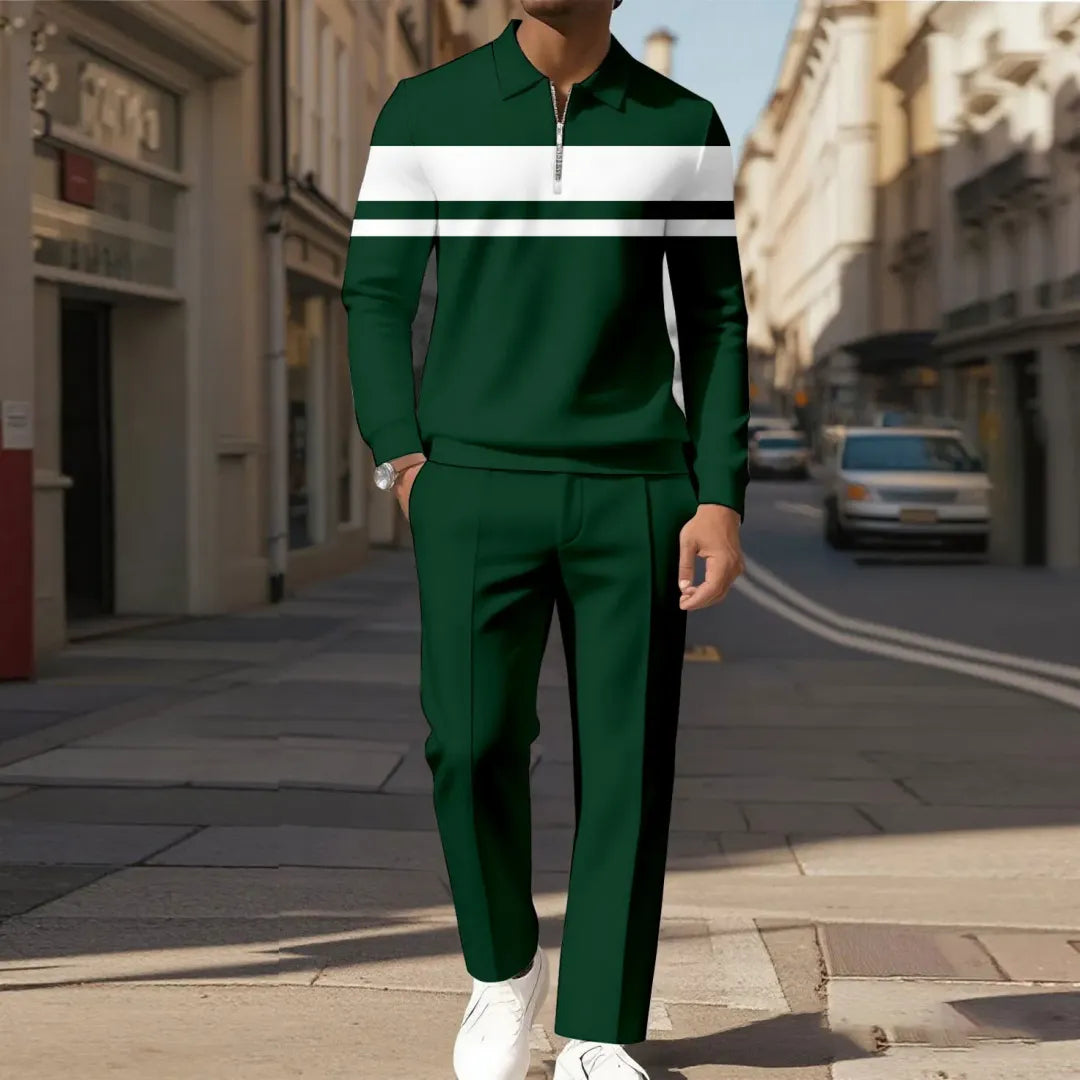 Zipper Long Sleeve Polo Long Pants Two-Piece Set