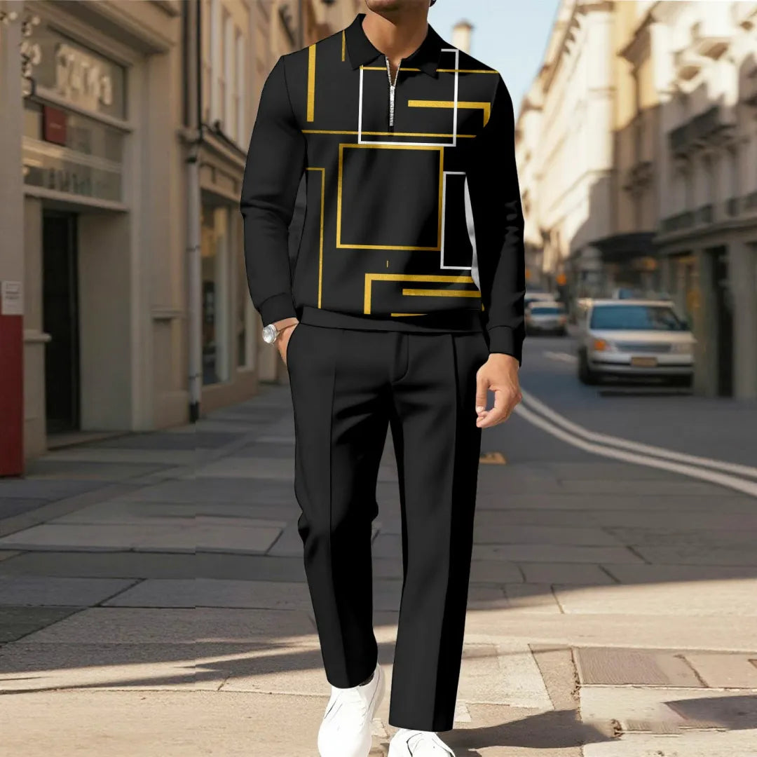 Zipper Long Sleeve Polo Long Pants Two-Piece Set