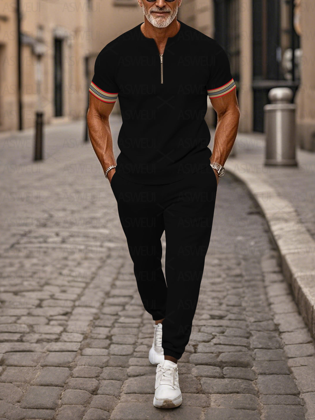 Zipper Short Sleeve Long Pants Two-Piece Set