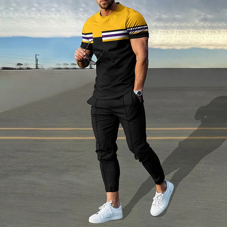T-shirt et pantalon tendance de couleur contrastée noir et jaune, ensemble