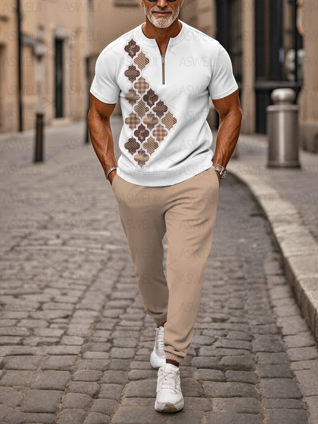 Zipper Short Sleeve Long Pants Two-Piece Set