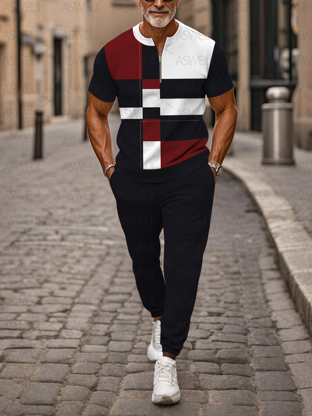 Zipper Short Sleeve Long Pants Two-Piece Set