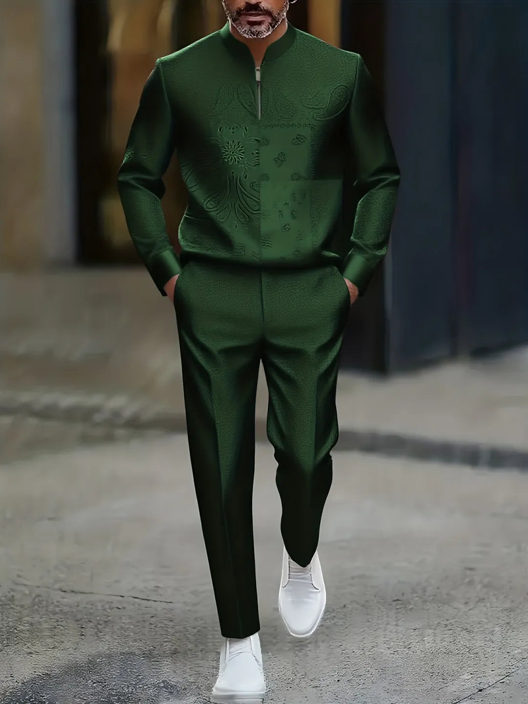 Neck Zipper Long Sleeved Trousers Two-Piece Set