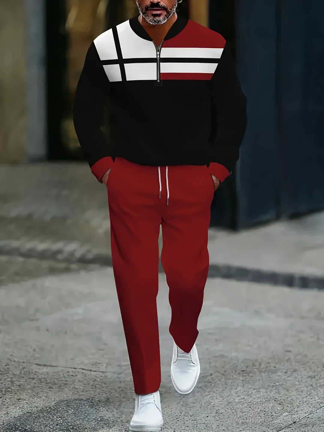 Neck Zipper Long Sleeved Trousers Two-Piece Set