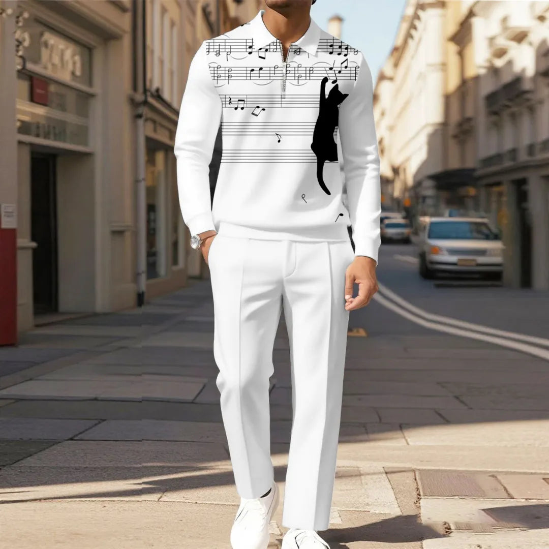 Zipper Long Sleeve Polo Long Pants Two-Piece Set