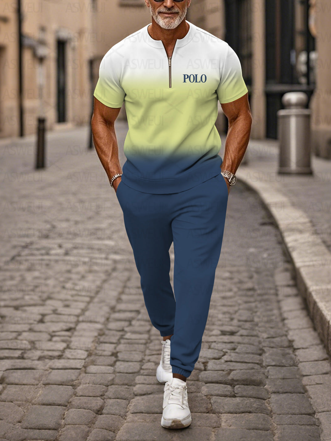 Zipper Short Sleeve Long Pants Two-Piece Set