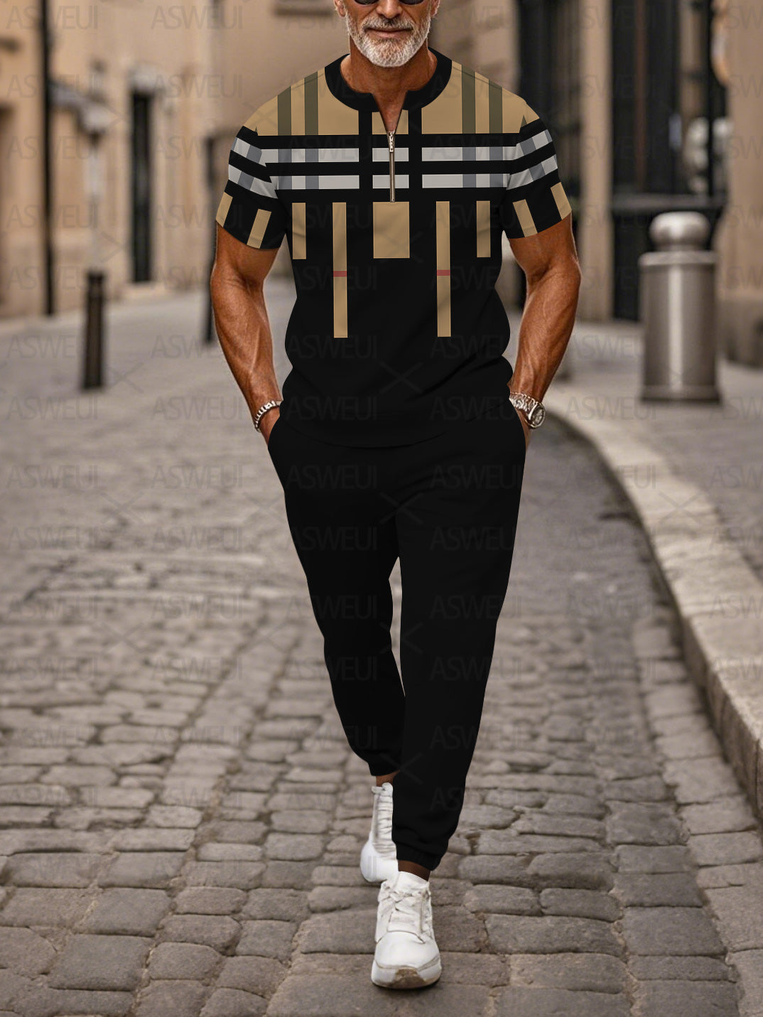 Zipper Short Sleeve Long Pants Two-Piece Set