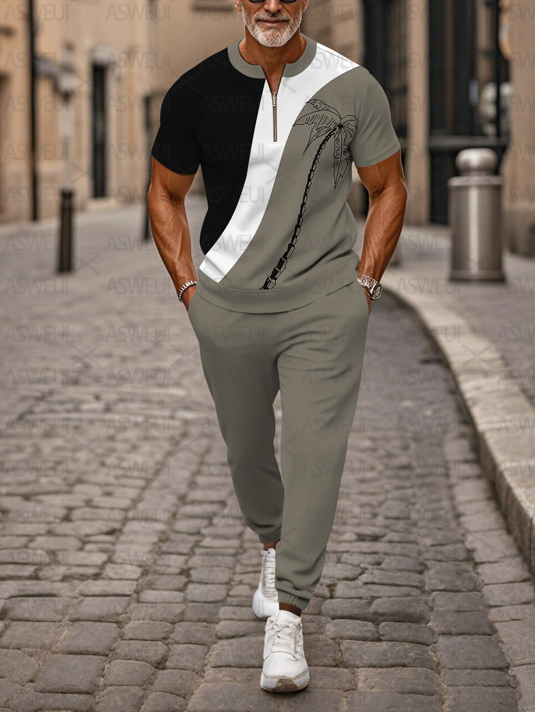 Zipper Short Sleeve Long Pants Two-Piece Set