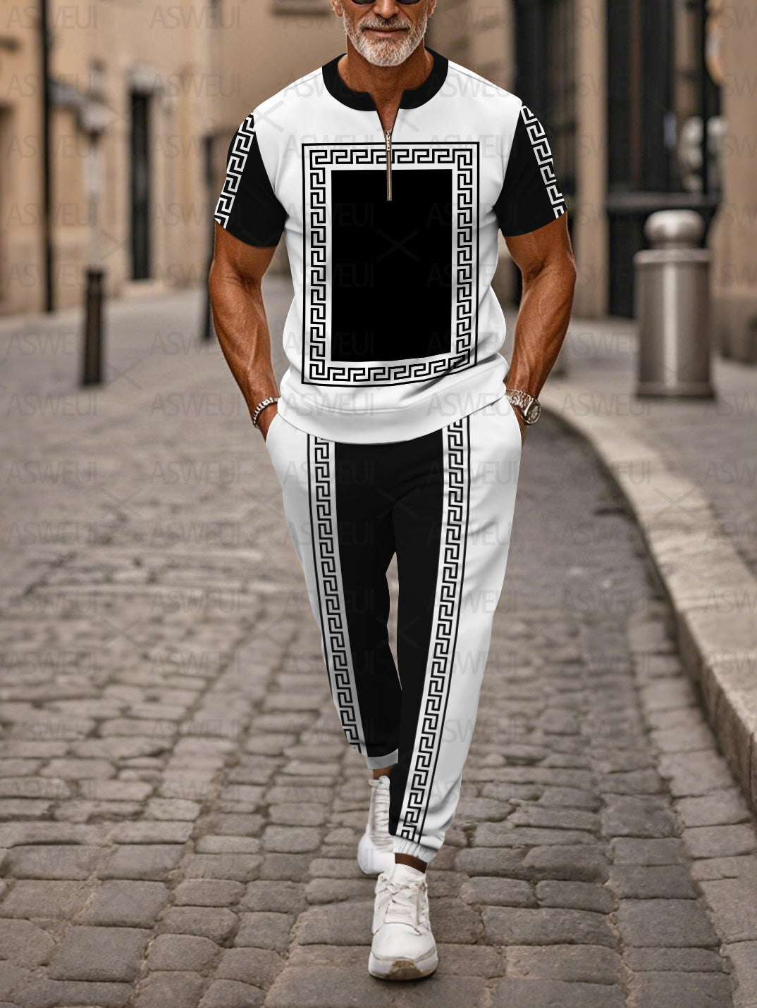 Zipper Short Sleeve Long Pants Two-Piece Set