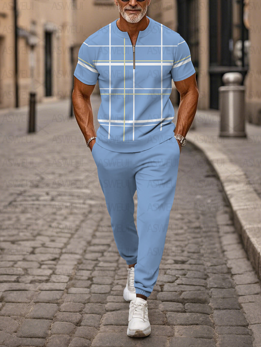 Zipper Short Sleeve Long Pants Two-Piece Set