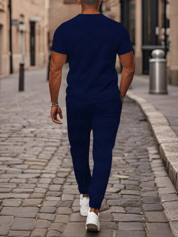 Zipper Short Sleeve Long Pants Two-Piece Set