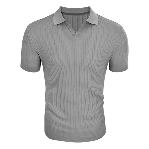 Solid Striped Lapel Short Sleeve Polo Shirt
