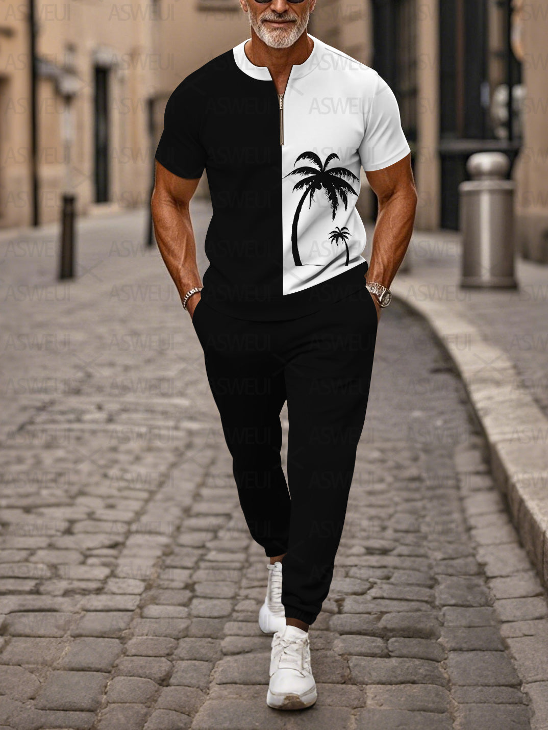 Zipper Short Sleeve Long Pants Two-Piece Set