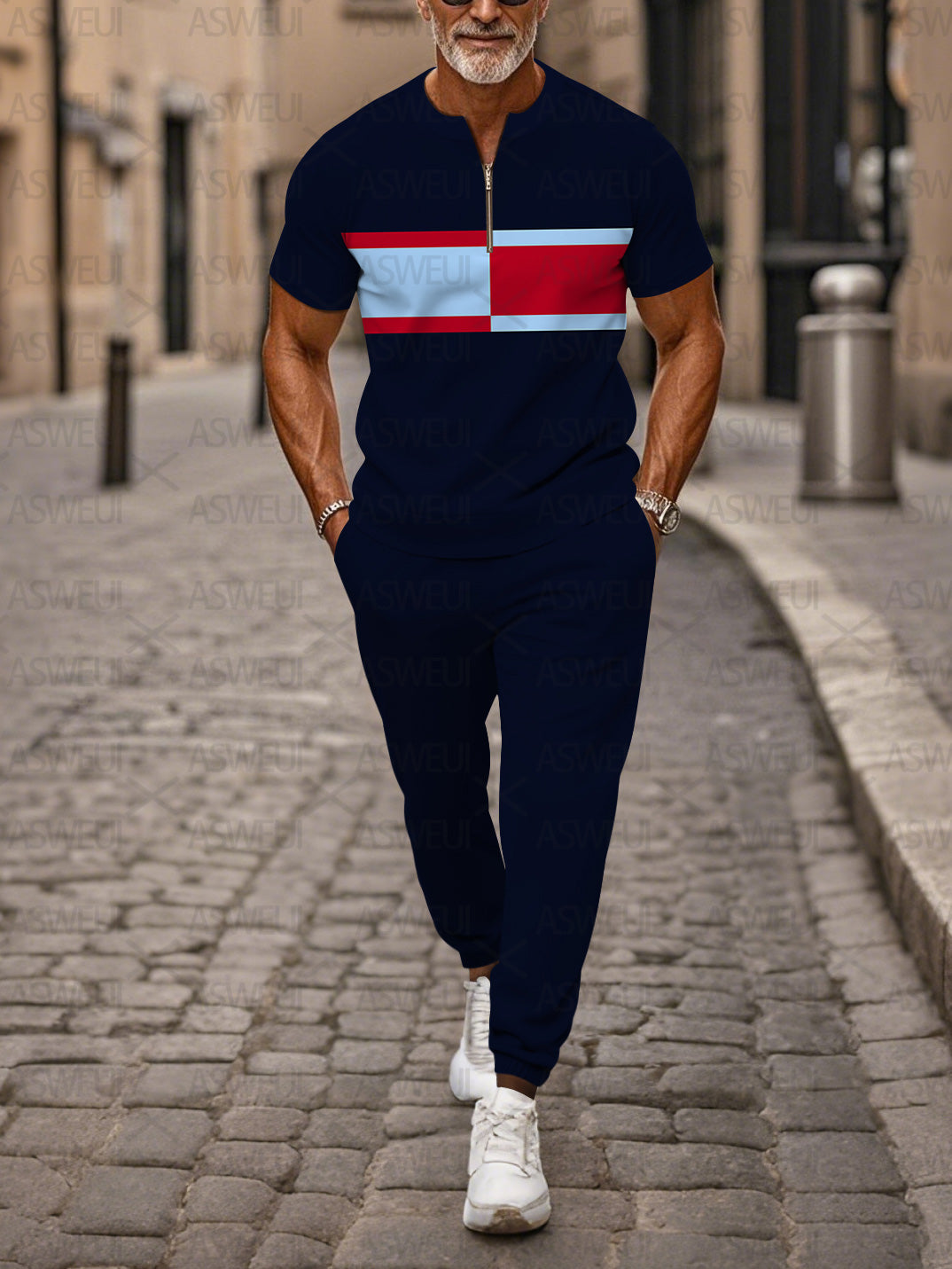 Zipper Short Sleeve Long Pants Two-Piece Set