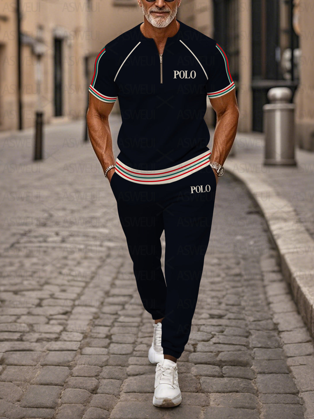 Zipper Short Sleeve Long Pants Two-Piece Set