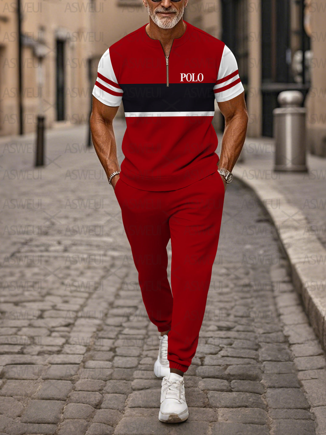 Zipper Short Sleeve Long Pants Two-Piece Set