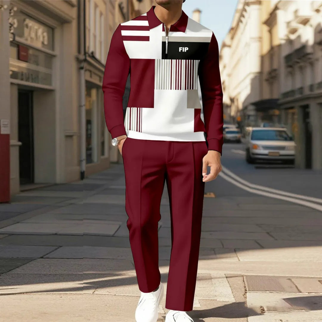 Zipper Long Sleeve Polo Long Pants Two-Piece Set