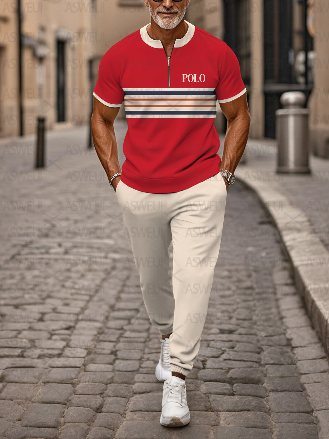 Zipper Short Sleeve Long Pants Two-Piece Set