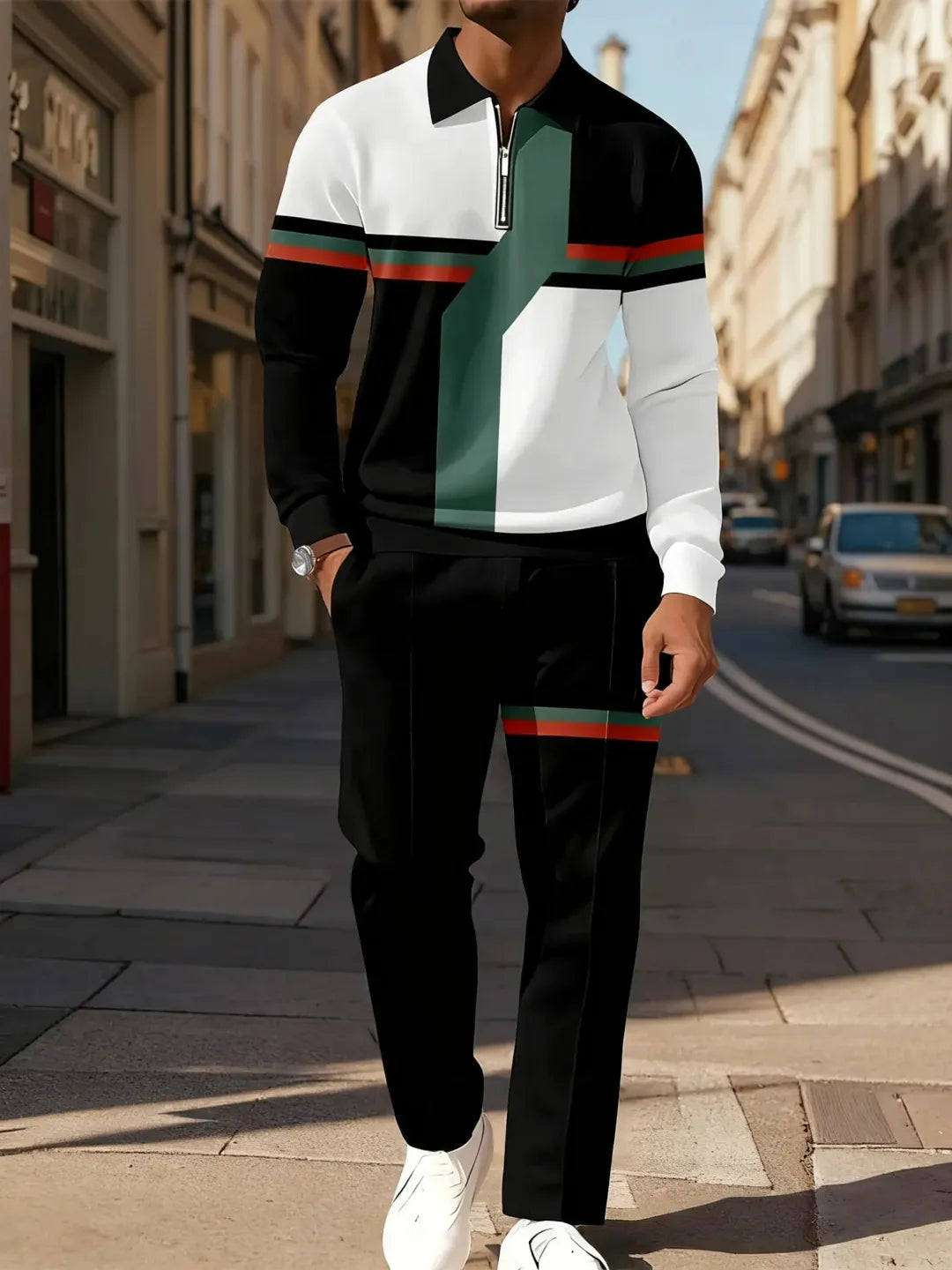 Zipper Long Sleeve Polo Long Pants Two-Piece Set