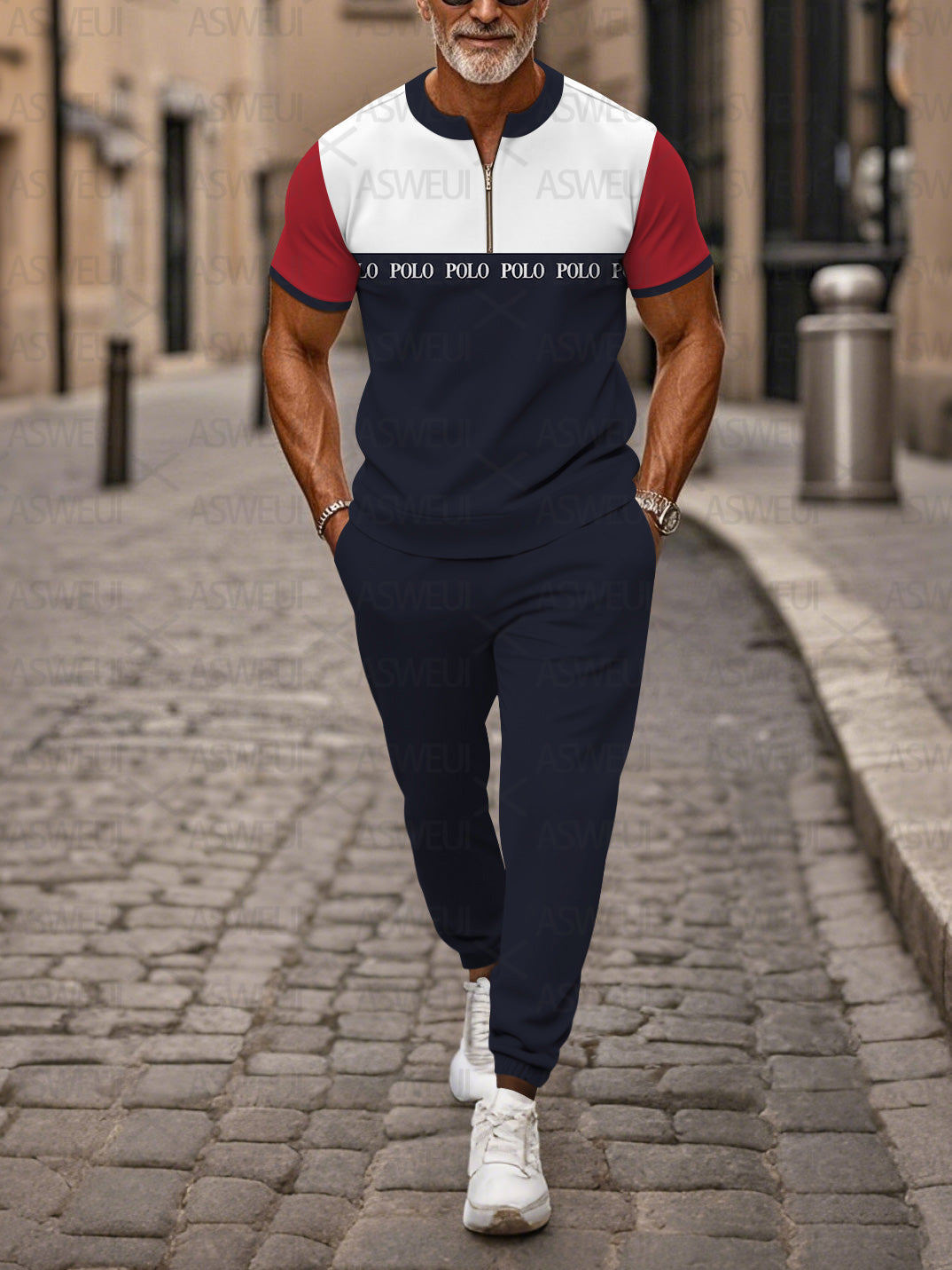 Zipper Short Sleeve Long Pants Two-Piece Set