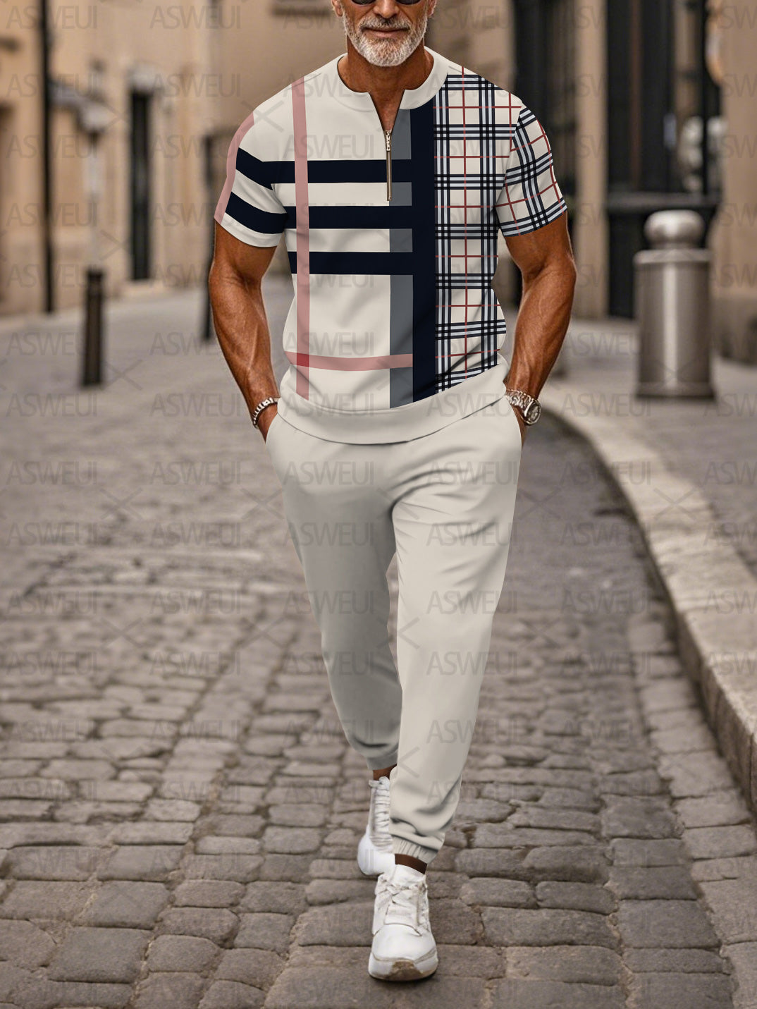 Zipper Short Sleeve Long Pants Two-Piece Set