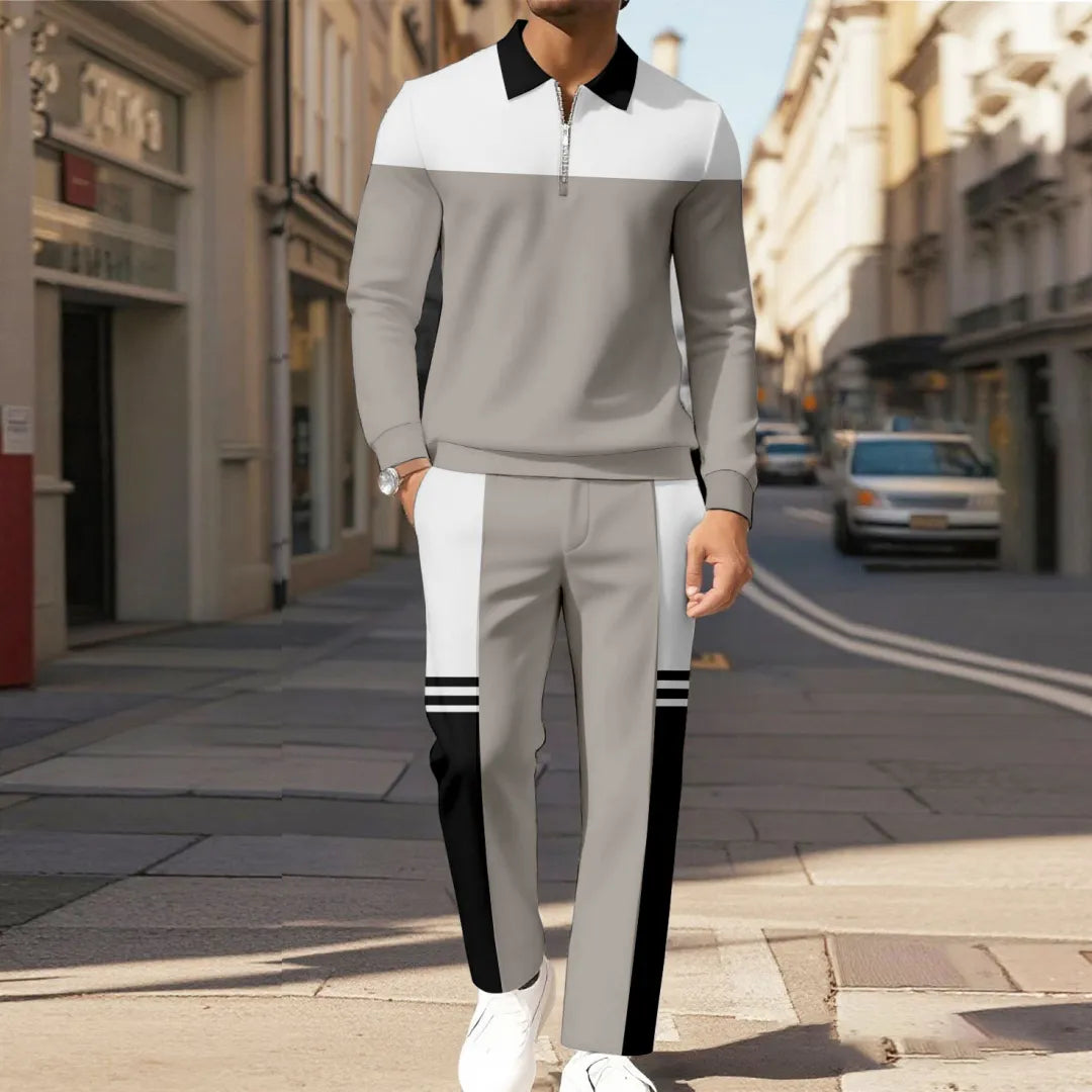 Zipper Long Sleeve Polo Long Pants Two-Piece Set