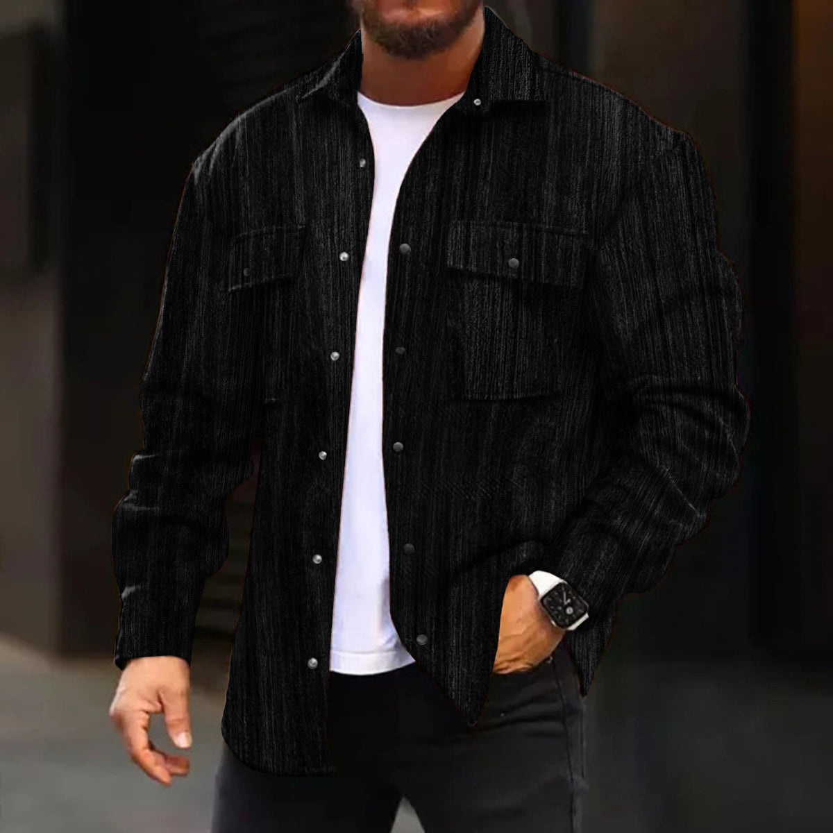 Casual Jacket Black Texture Print Long Sleeve Pockets Jacket