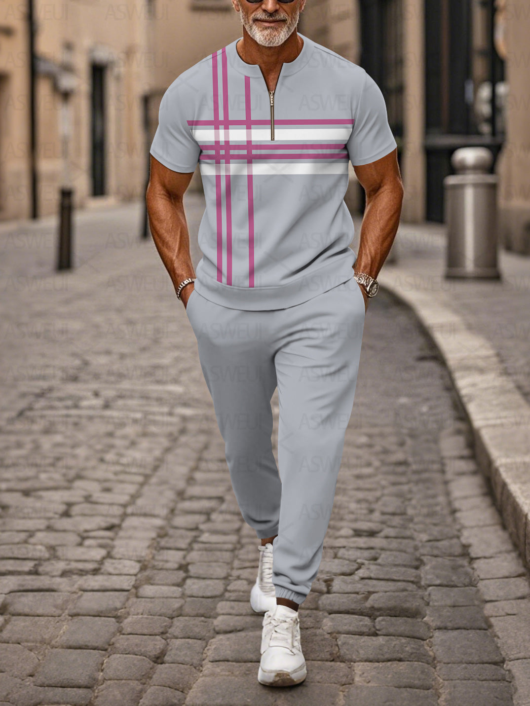 Zipper Short Sleeve Long Pants Two-Piece Set