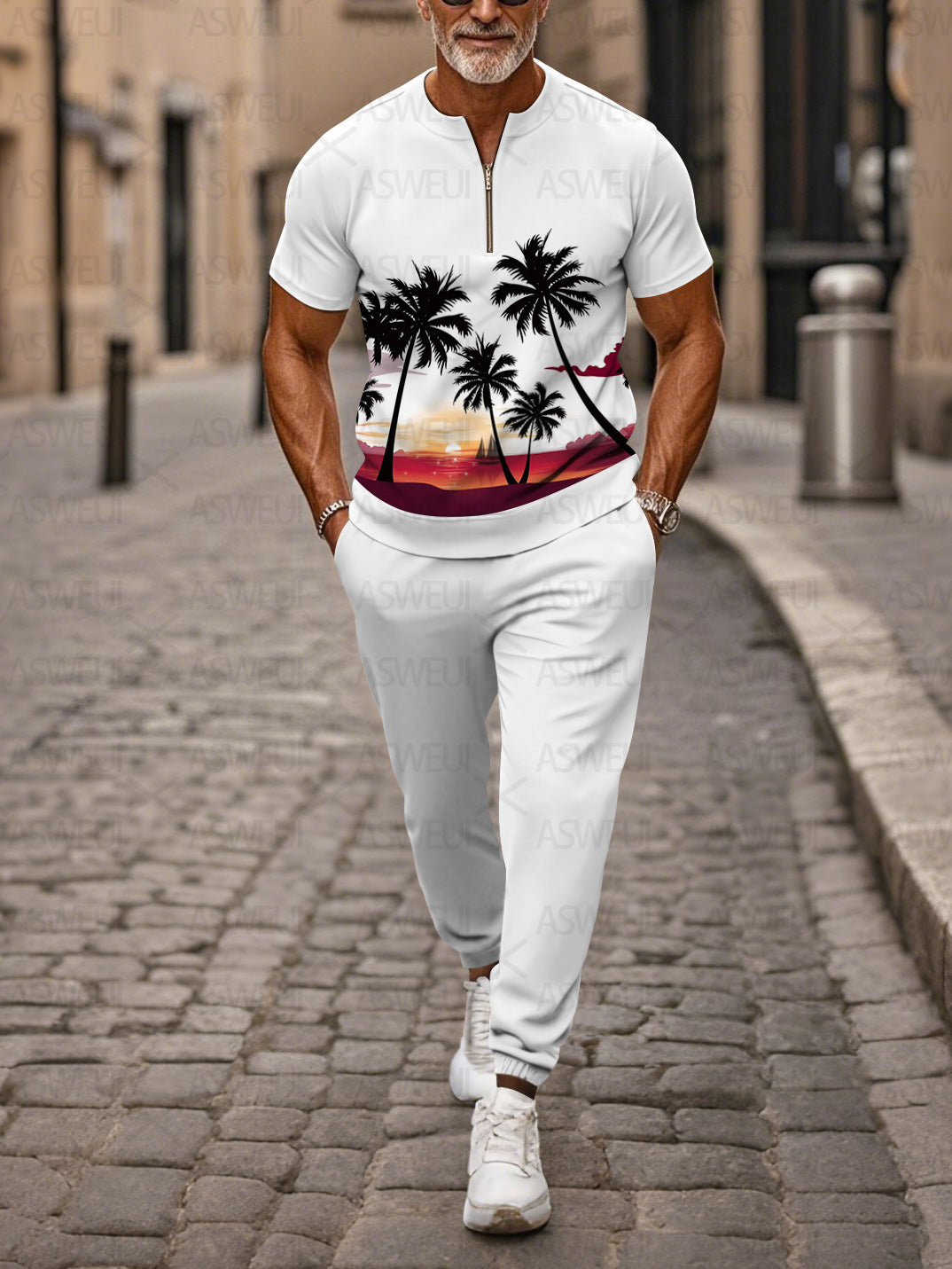 Zipper Short Sleeve Long Pants Two-Piece Set