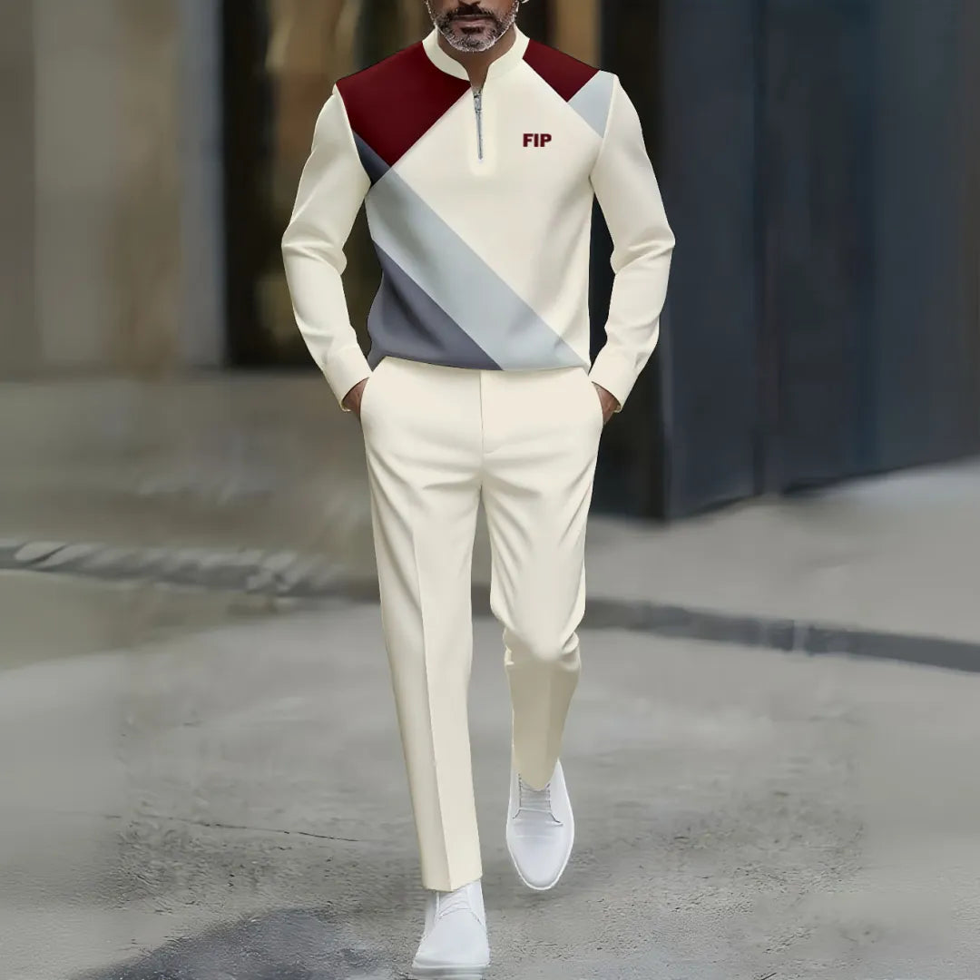 Neck Zipper Long Sleeved Trousers Two-Piece Set