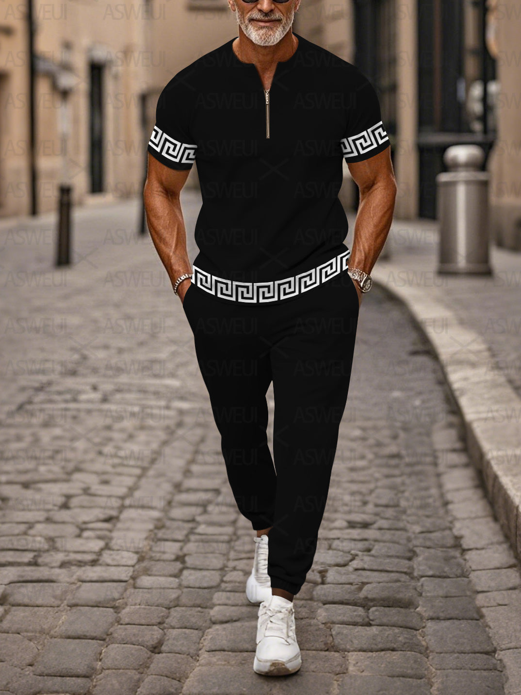 Zipper Short Sleeve Long Pants Two-Piece Set