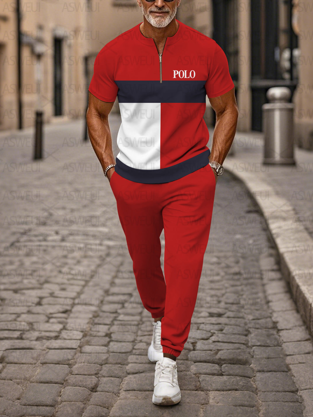 Zipper Short Sleeve Long Pants Two-Piece Set