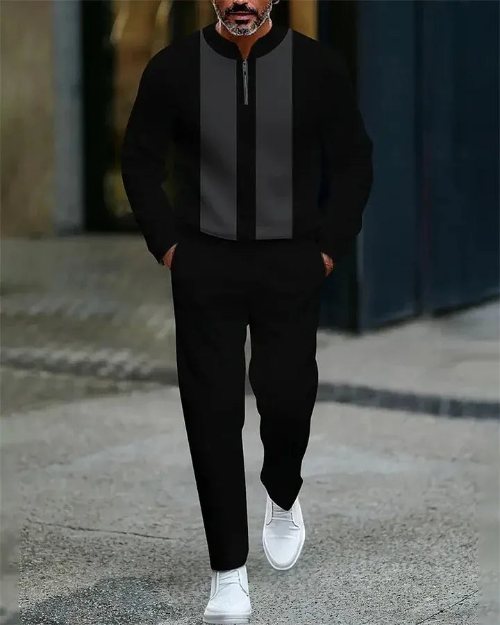 Neck Zipper Long Sleeved Trousers Two-Piece Set