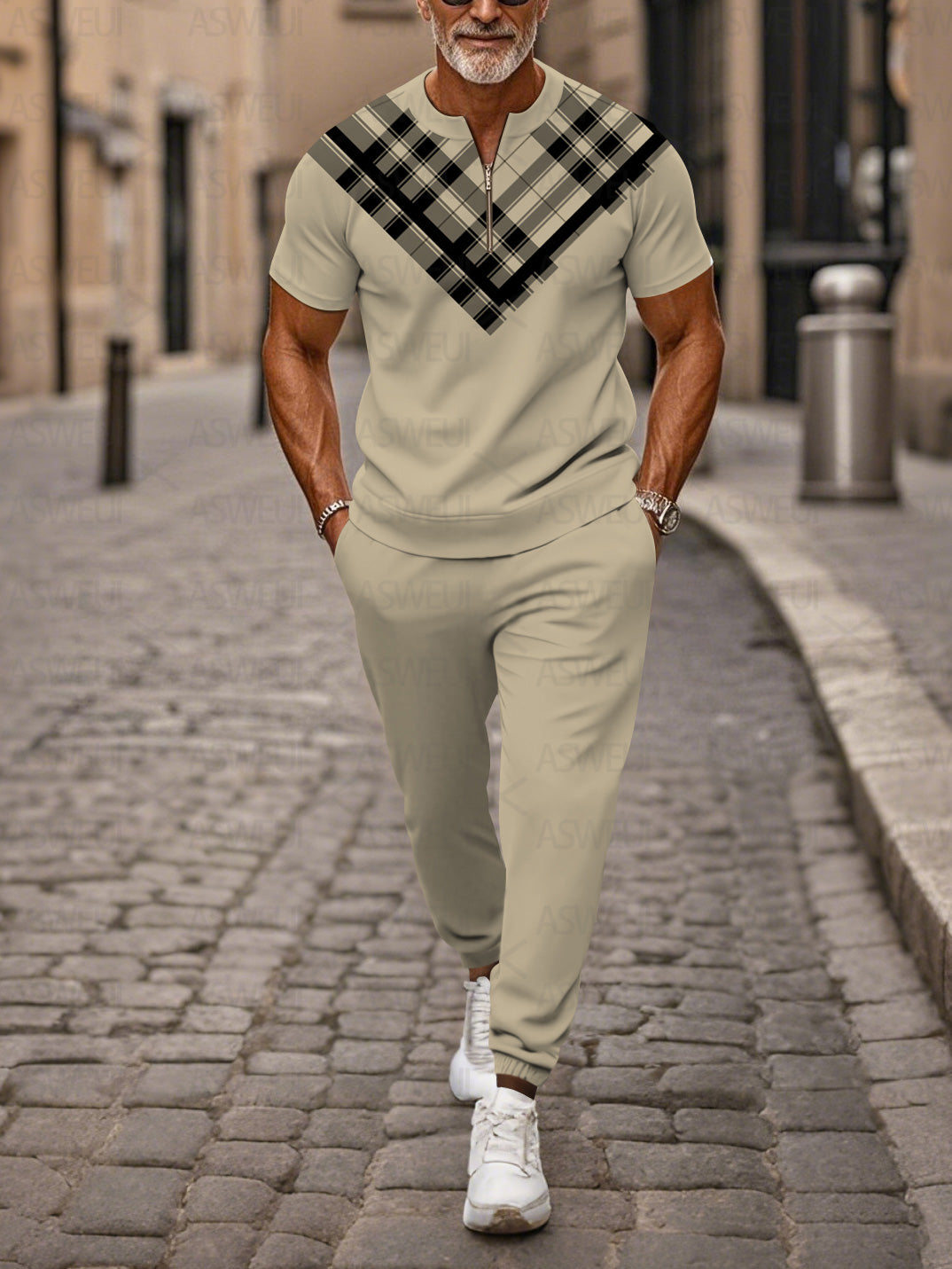 Zipper Short Sleeve Long Pants Two-Piece Set