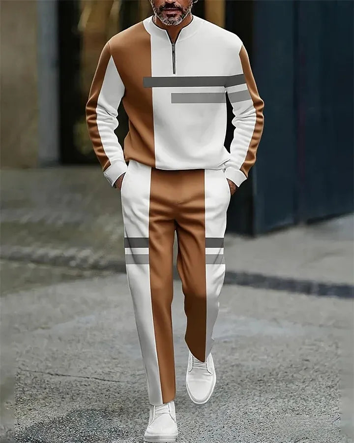 Neck Zipper Long Sleeved Trousers Two-Piece Set