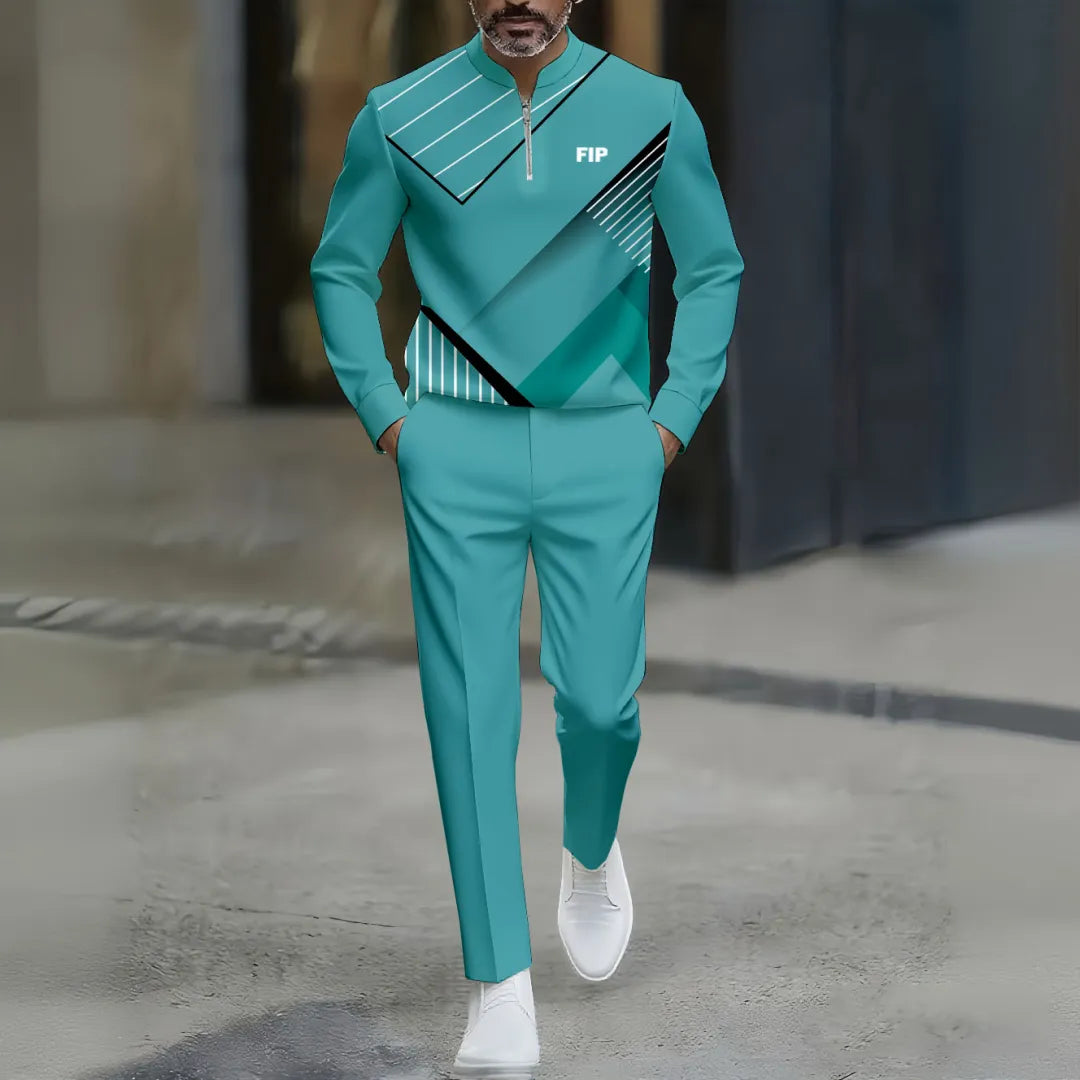 Neck Zipper Long Sleeved Trousers Two-Piece Set