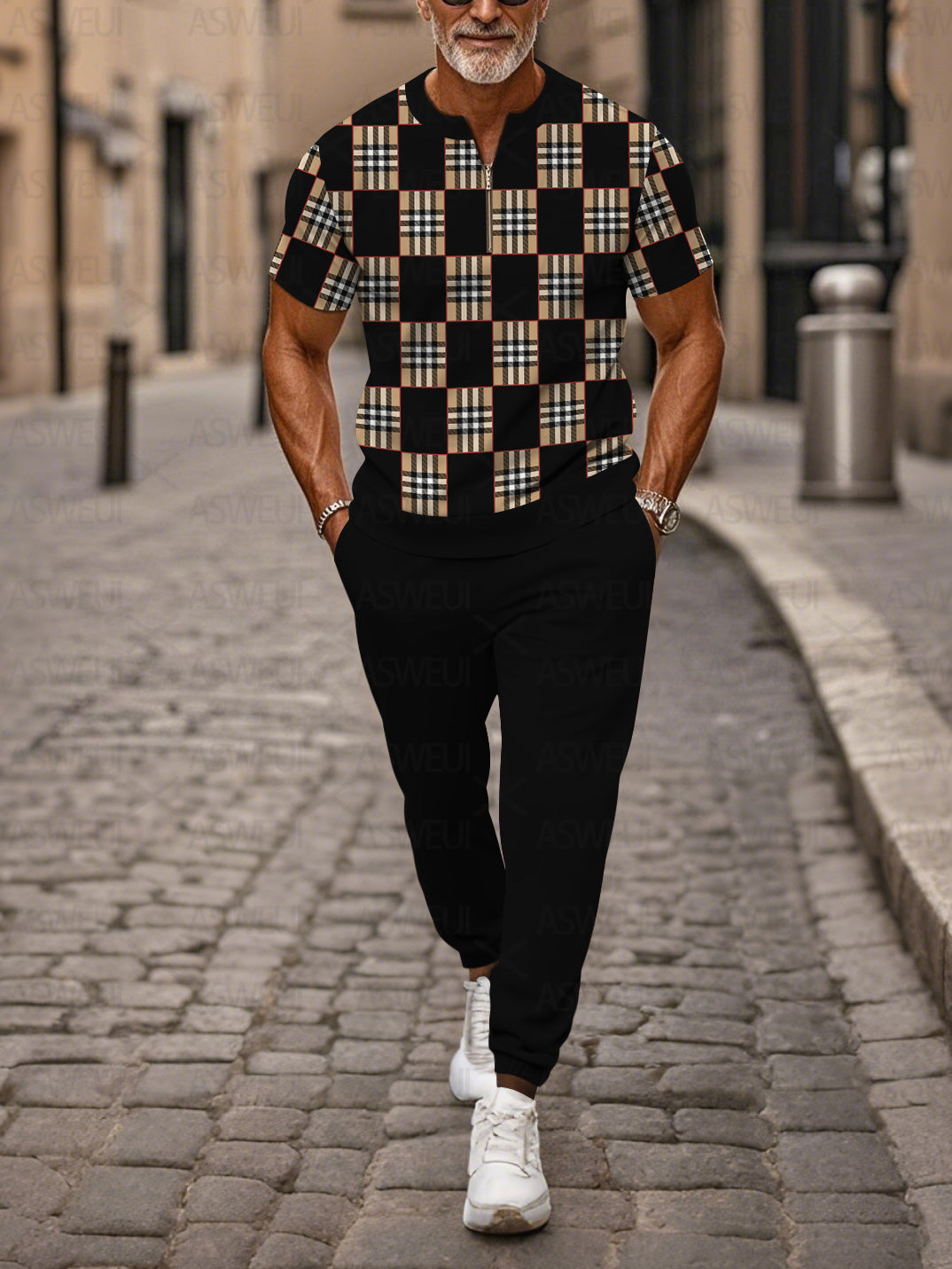 Zipper Short Sleeve Long Pants Two-Piece Set