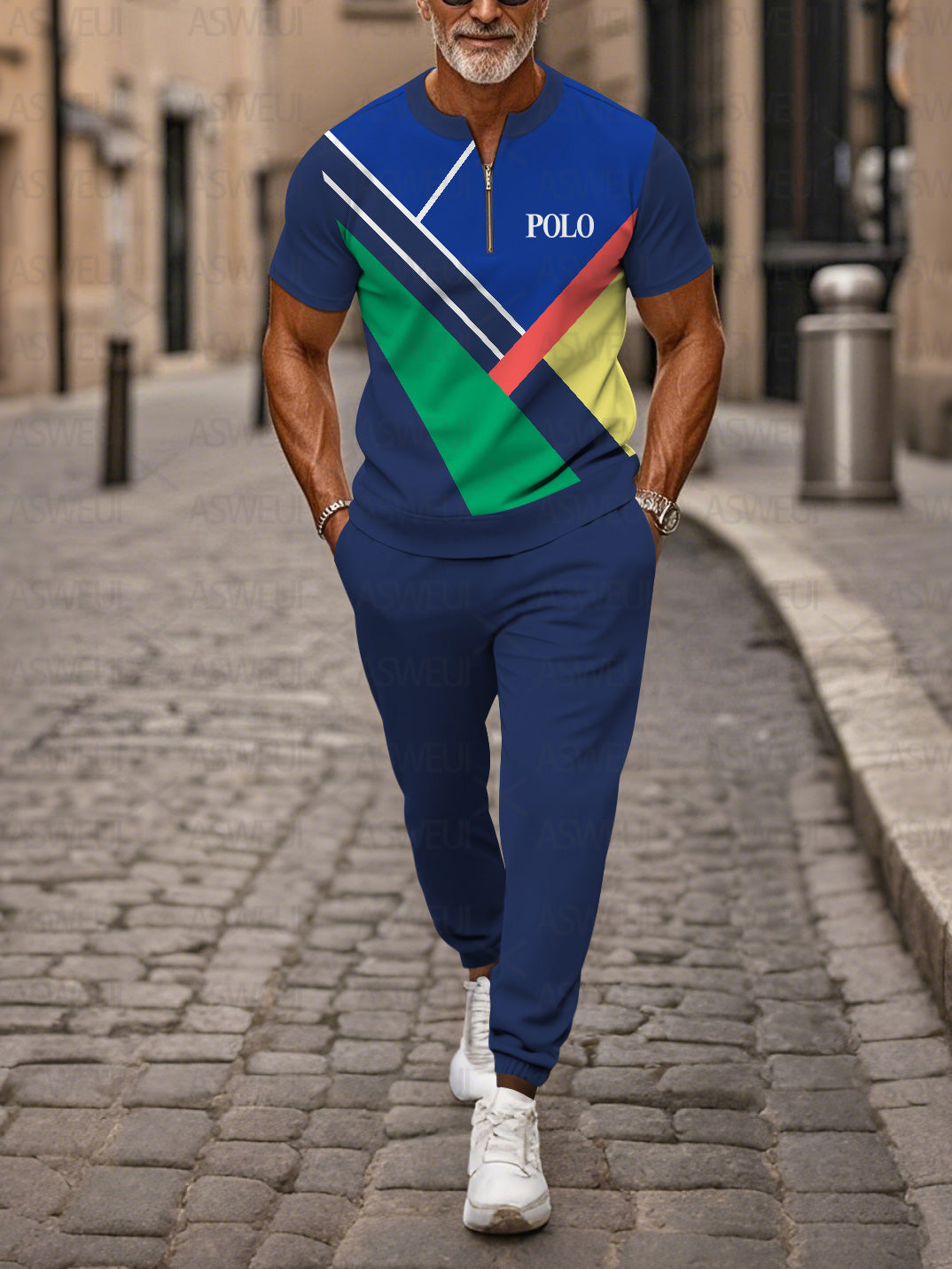 Zipper Short Sleeve Long Pants Two-Piece Set