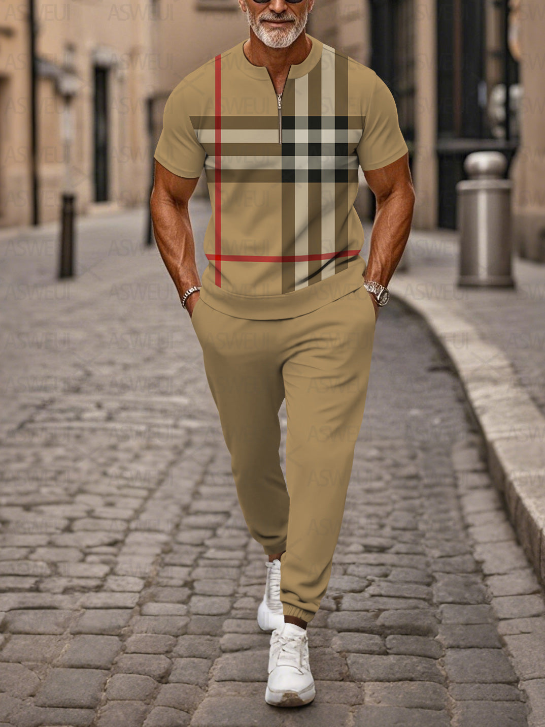 Zipper Short Sleeve Long Pants Two-Piece Set