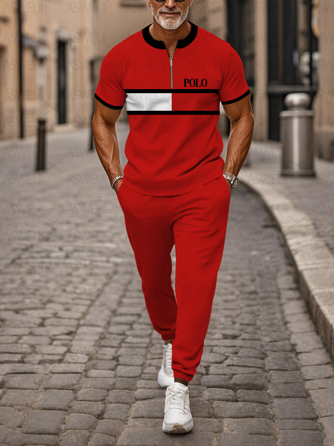 Zipper Short Sleeve Long Pants Two-Piece Set