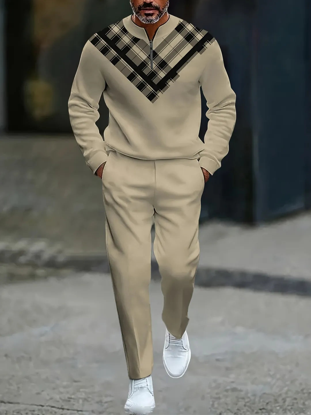 Neck Zipper Long Sleeved Trousers Two-Piece Set