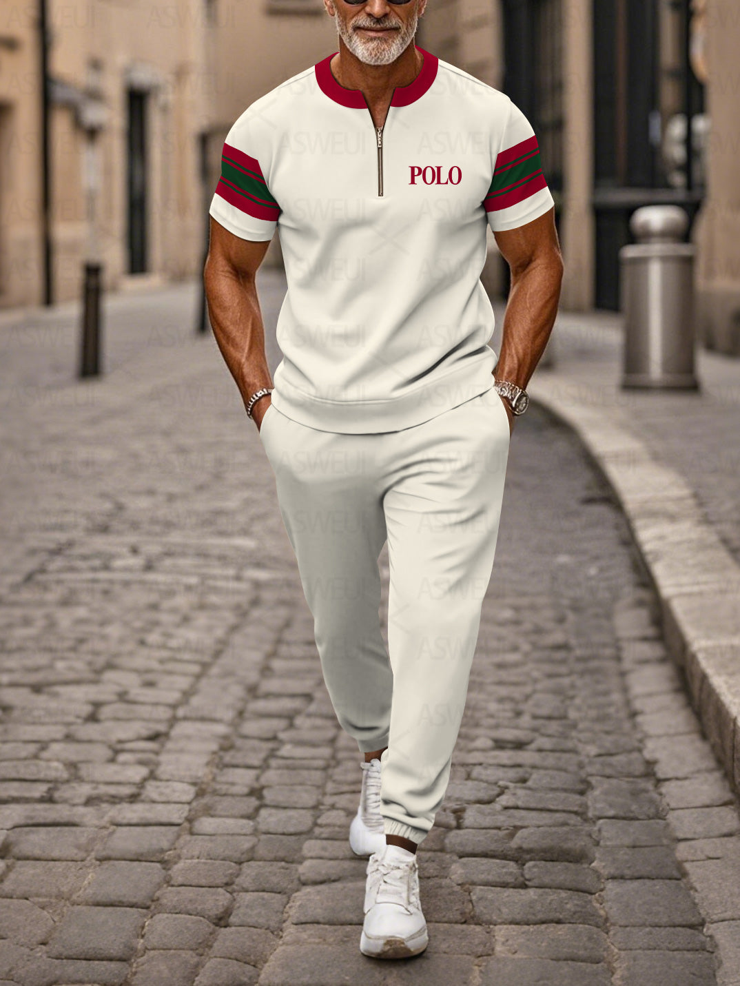 Zipper Short Sleeve Long Pants Two-Piece Set