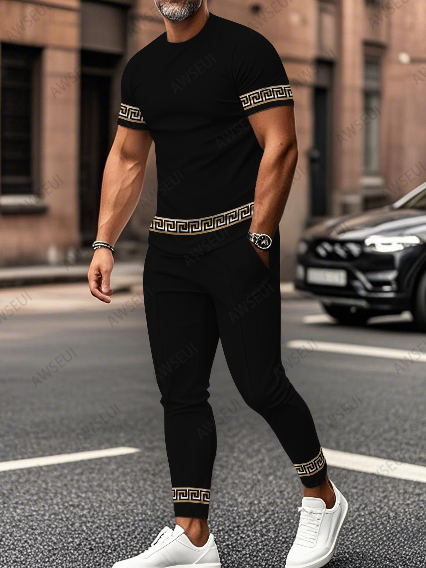 Zipper Short Sleeve Long Pants Two-Piece Set