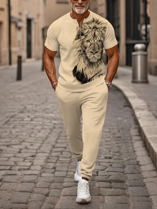 Zipper Short Sleeve Long Pants Two-Piece Set