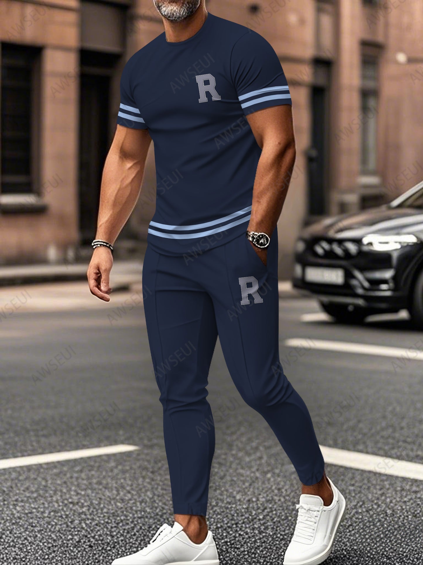 Zipper Short Sleeve Long Pants Two-Piece Set