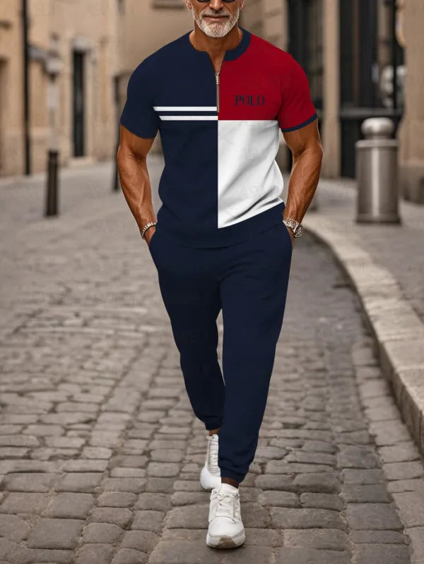 Zipper Short Sleeve Long Pants Two-Piece Set