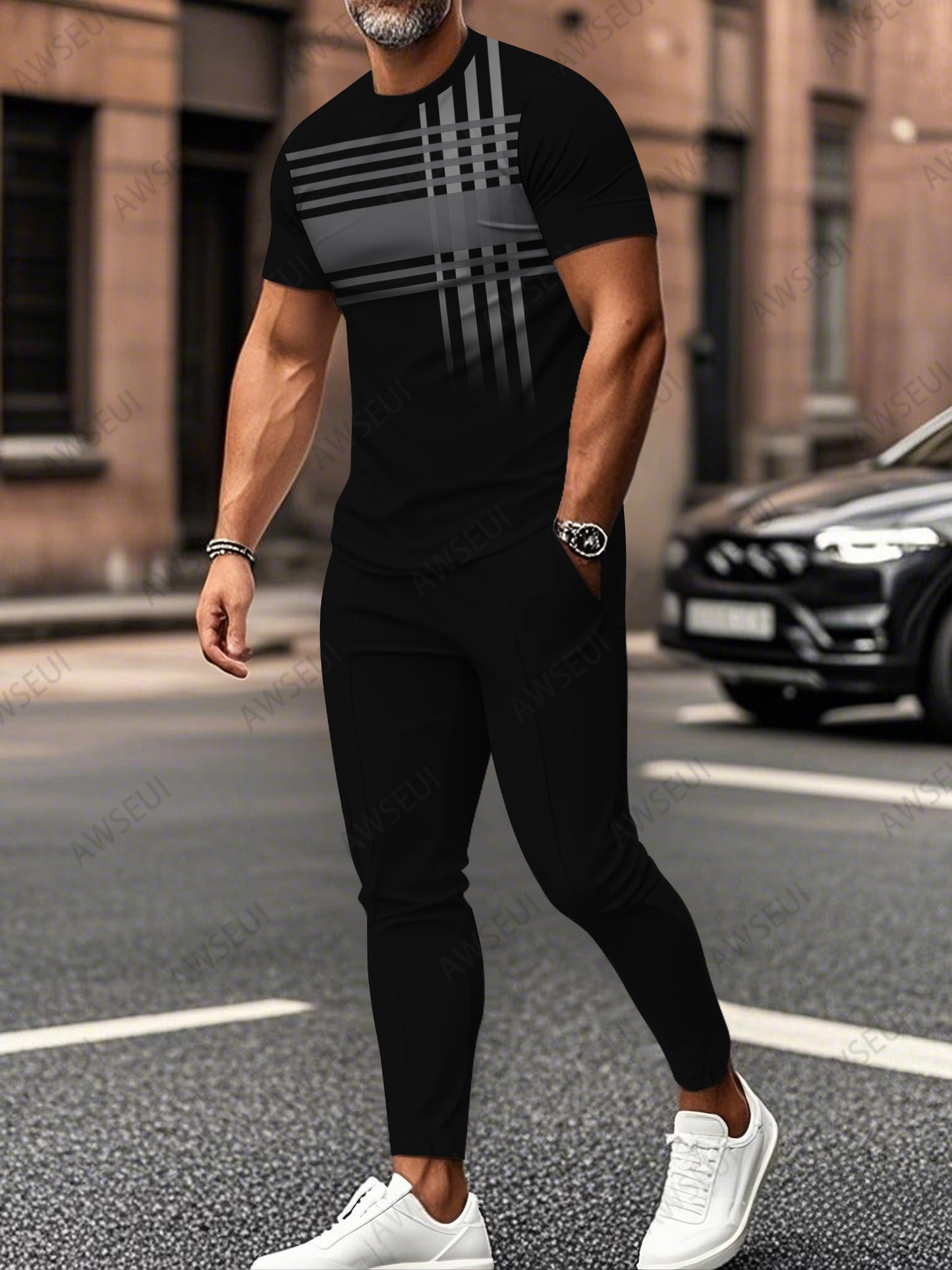 Zipper Short Sleeve Long Pants Two-Piece Set