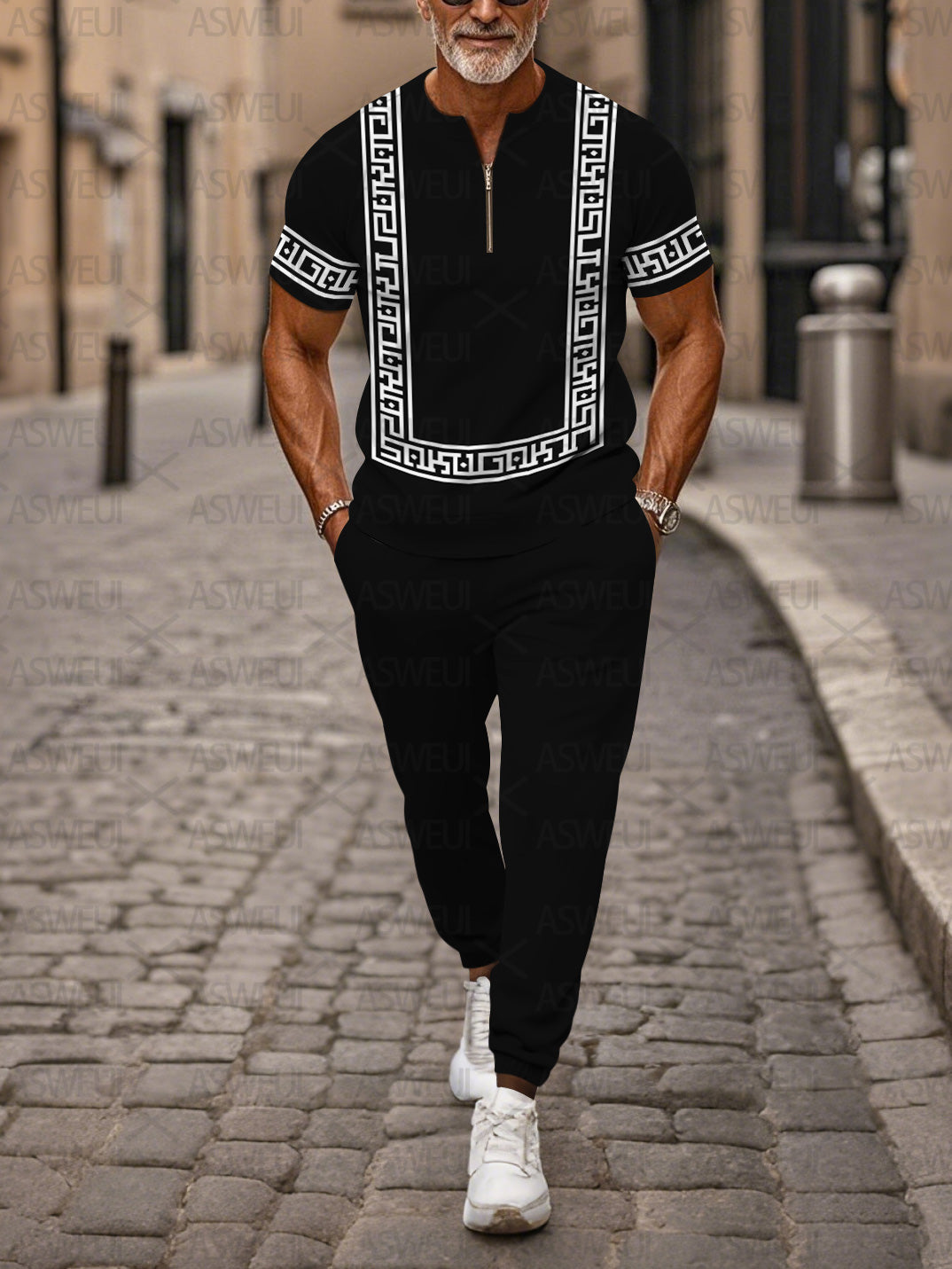 Zipper Short Sleeve Long Pants Two-Piece Set