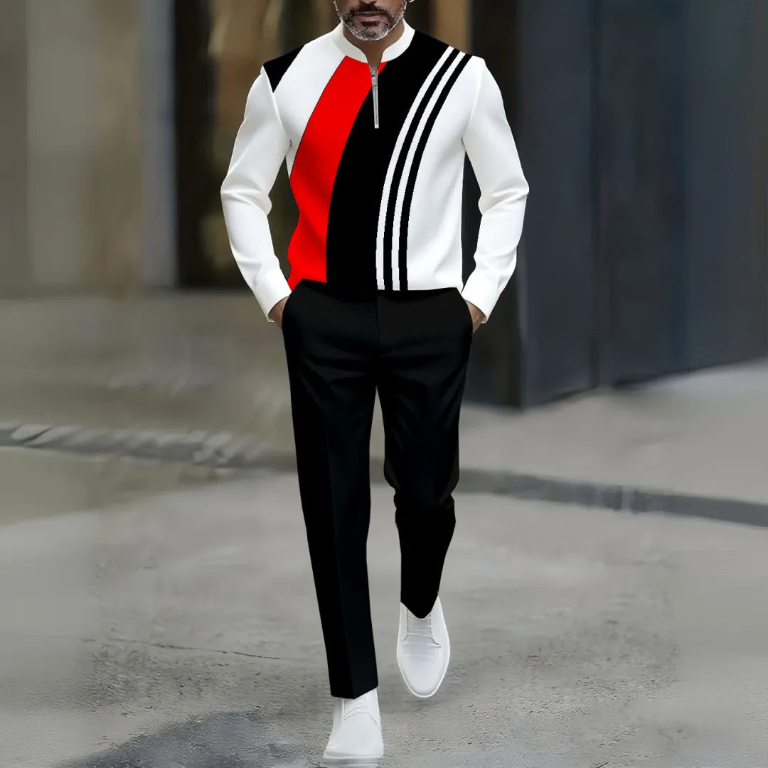 Neck Zipper Long Sleeved Trousers Two-Piece Set